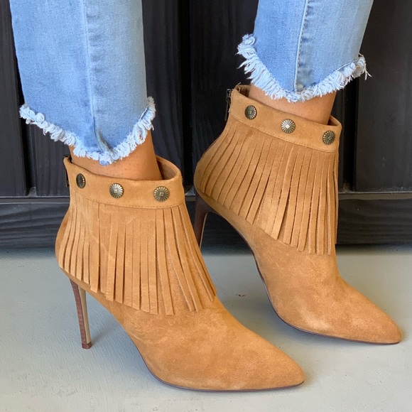 Tan Suede Leather High Heel Fringe Booties - Picture 2 of 8